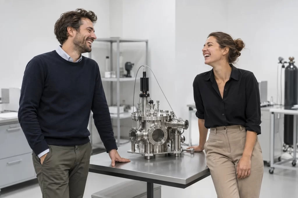 Two research startup founders laugh beside an unlabelled scientific prototype in a minimalist laboratory.