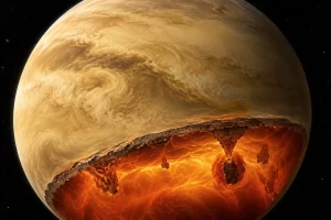 A photo realistic cutaway of Venus shows a thin rocky crust over a glowing convecting mantle.