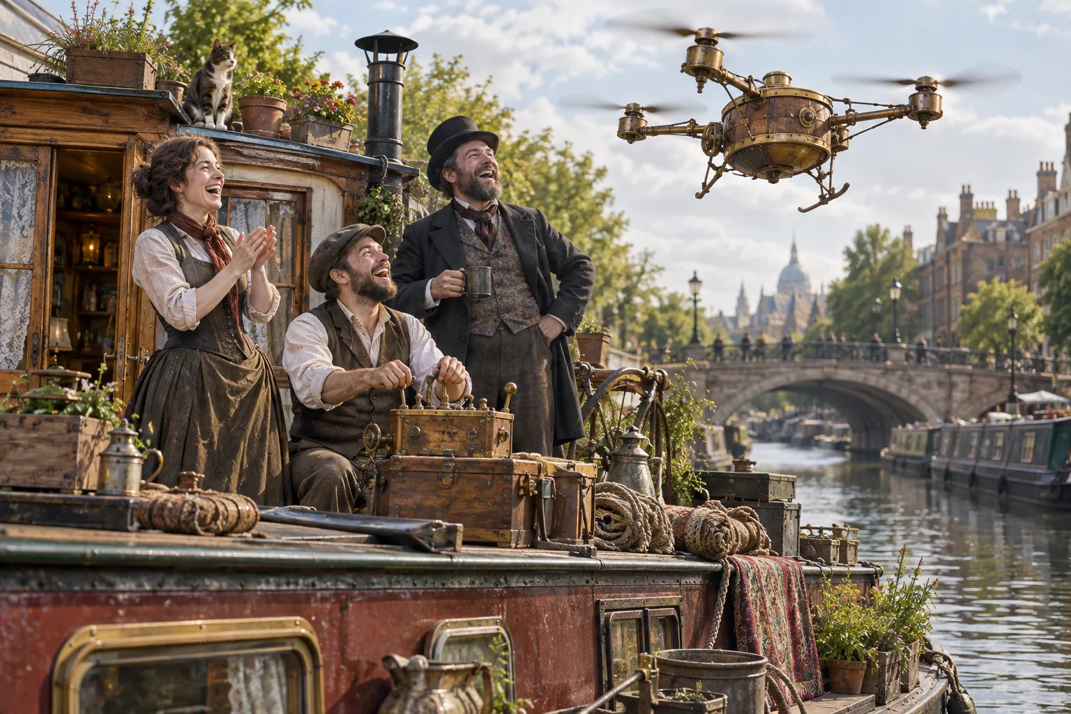 Three fictional Victorian inventors laugh from a canal houseboat as a brass and wood flying contraption rises overhead.