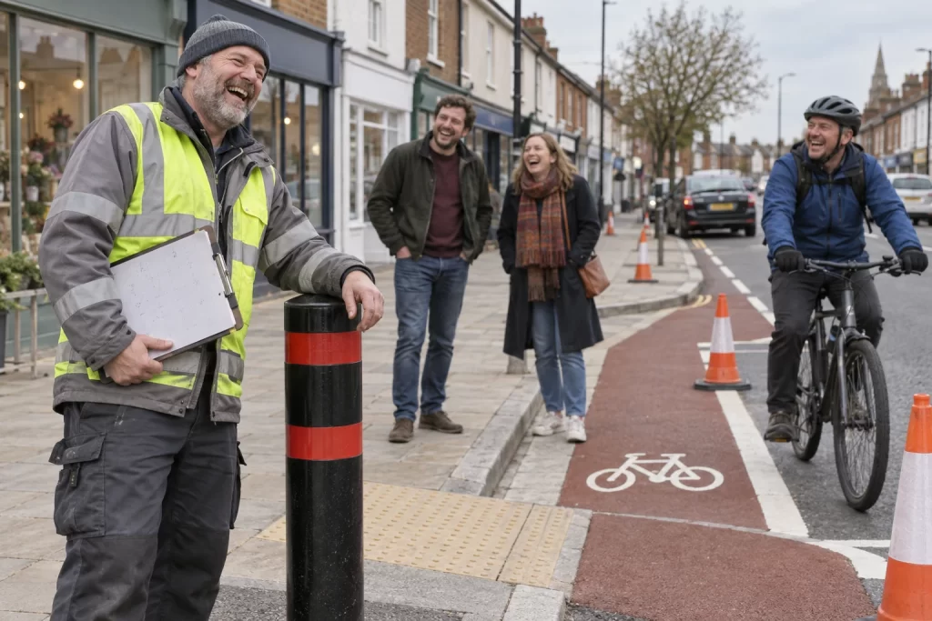 Clearly laughing fictional adult bollard inspector reviews a traffic bollard beside a new cycle lane and dropped kerb, with laughing pedestrians and cyclist behind.