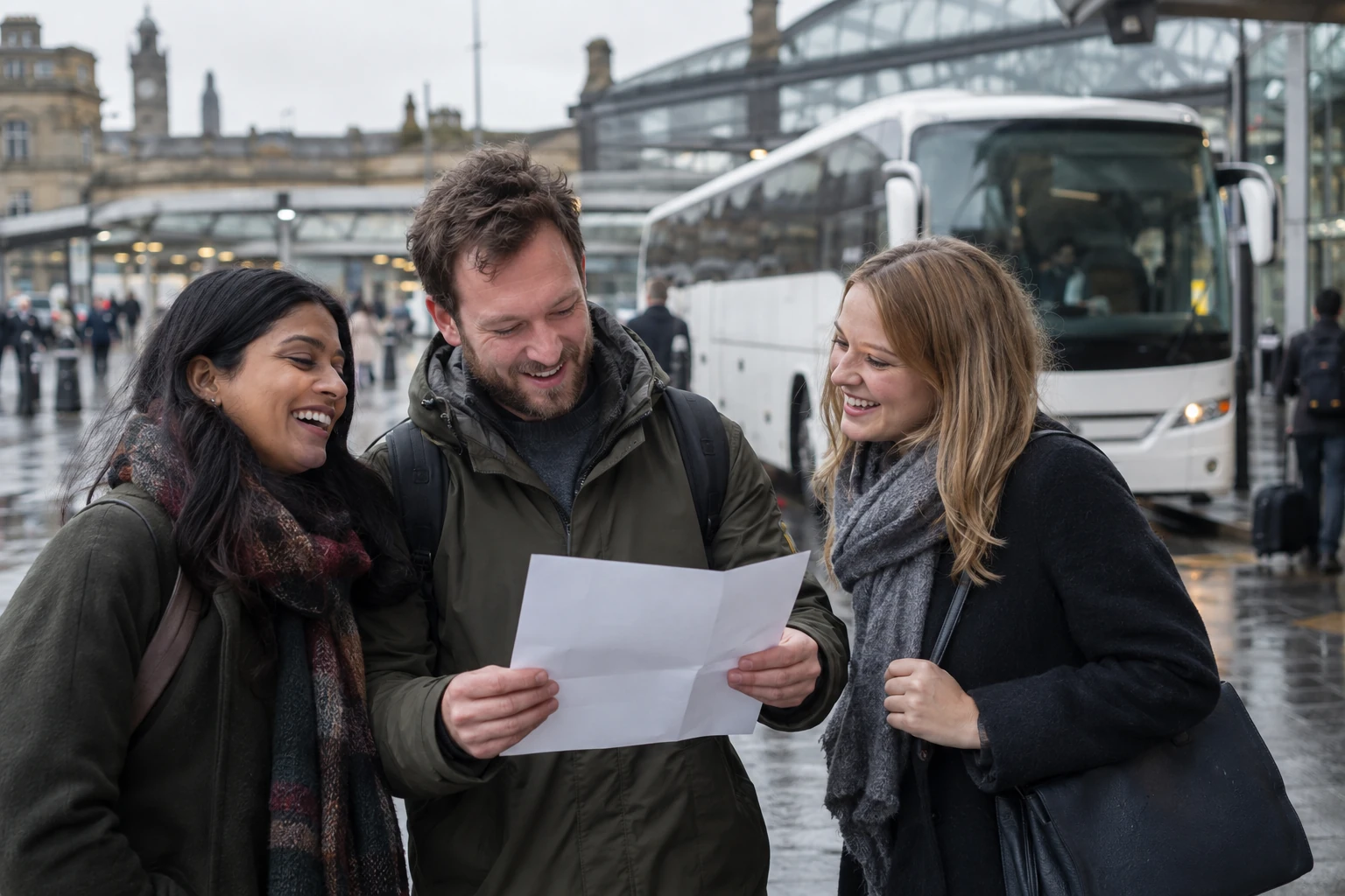 Three adult commuters laugh together over a blank sheet of paper beside an unbranded replacement coach.