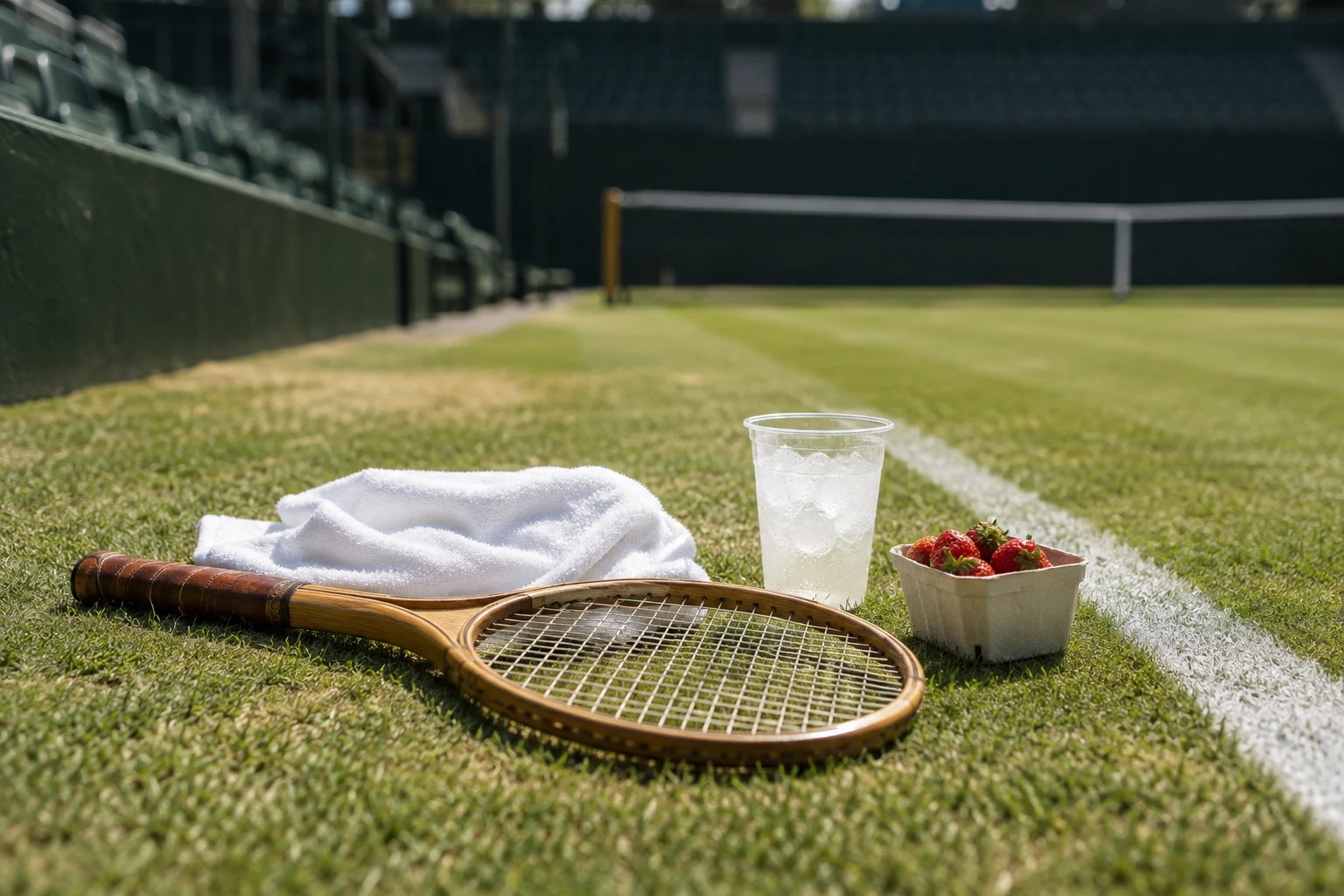 A tennis racket, towel, ice drink and strawberries sit beside an empty grass court in strong sunshine.