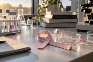 Original editorial photograph of laboratory goggles and a ribbon for Women in Research Charter 2026