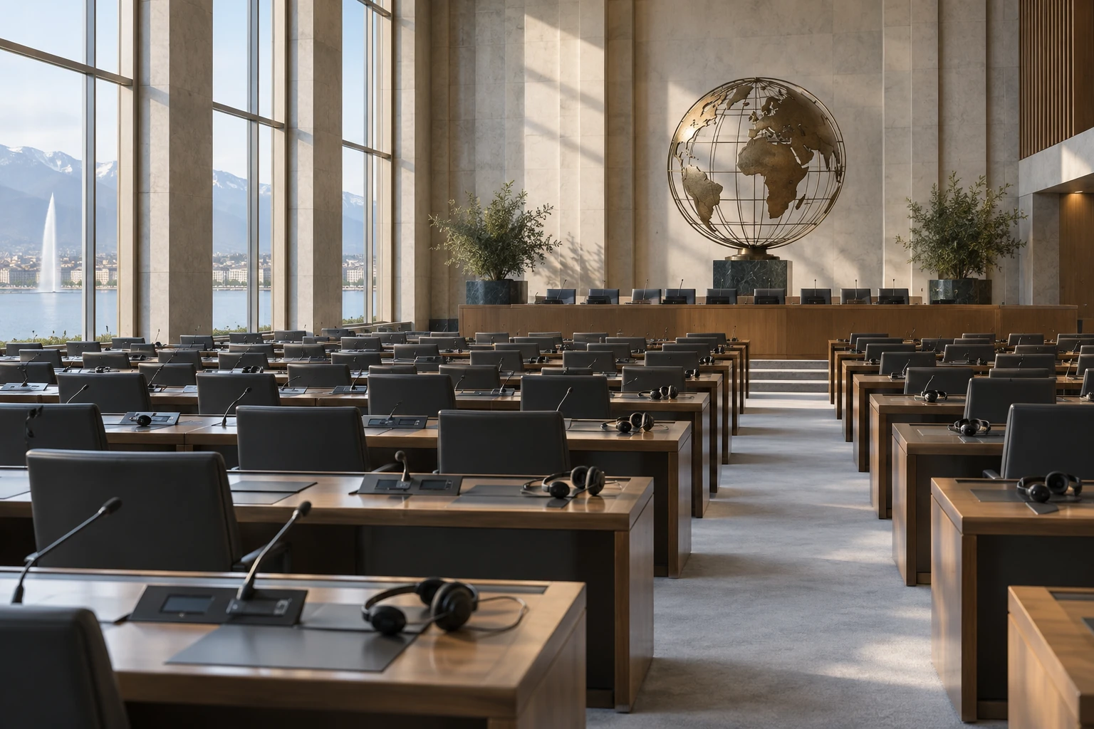 An empty Geneva conference hall is prepared with interpretation headsets beneath a large globe sculpture.
