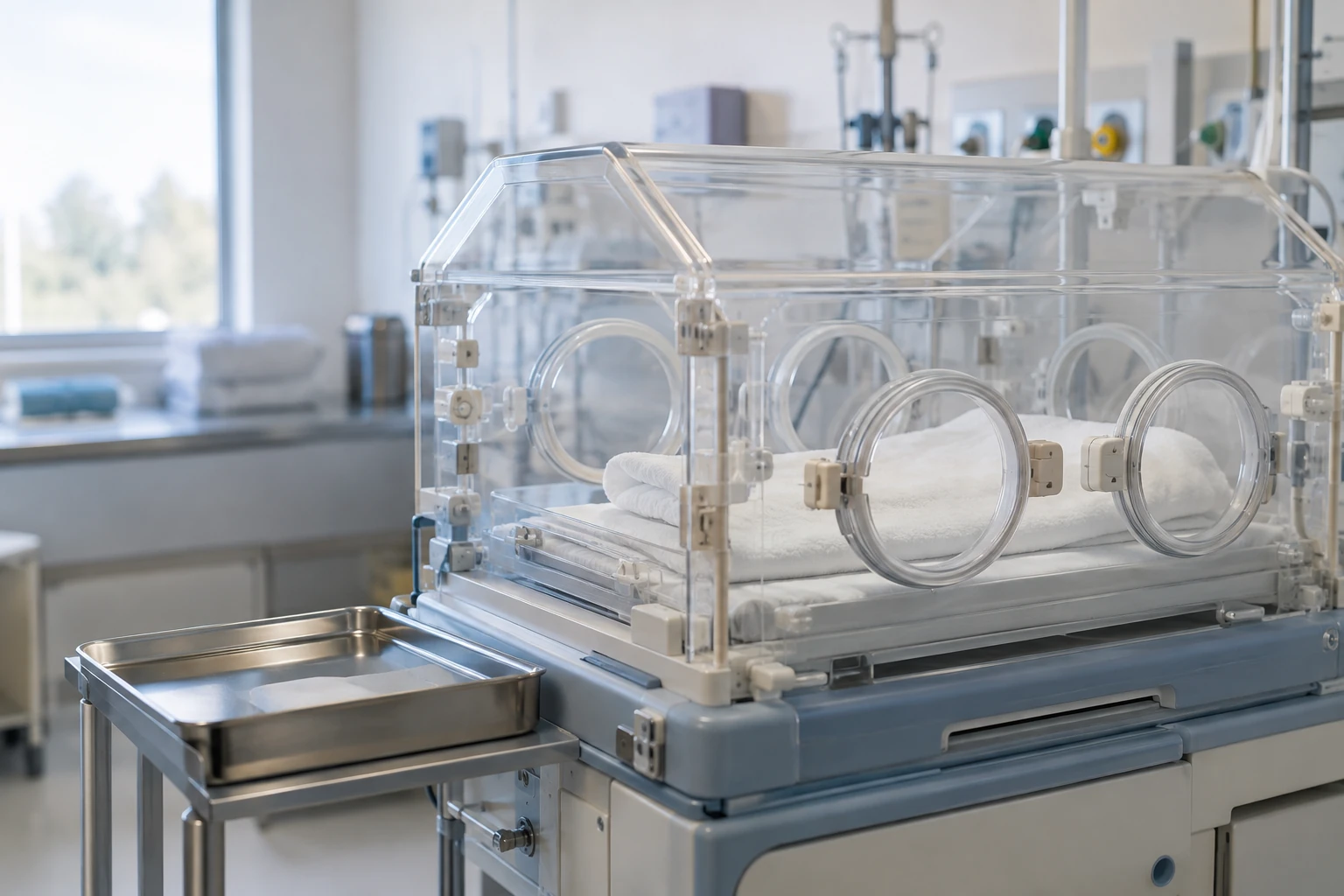 An empty transparent neonatal incubator holds a folded white blanket in a quiet care room.