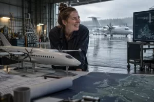 Original editorial photograph of a laughing aviation engineer beside a hydrogen aircraft model for zero emission flight projects