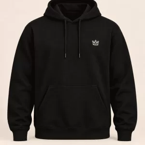 Illustrative plain black Official Lawnland hoodie with a small white Lawn crown on the chest, on a warm ivory background