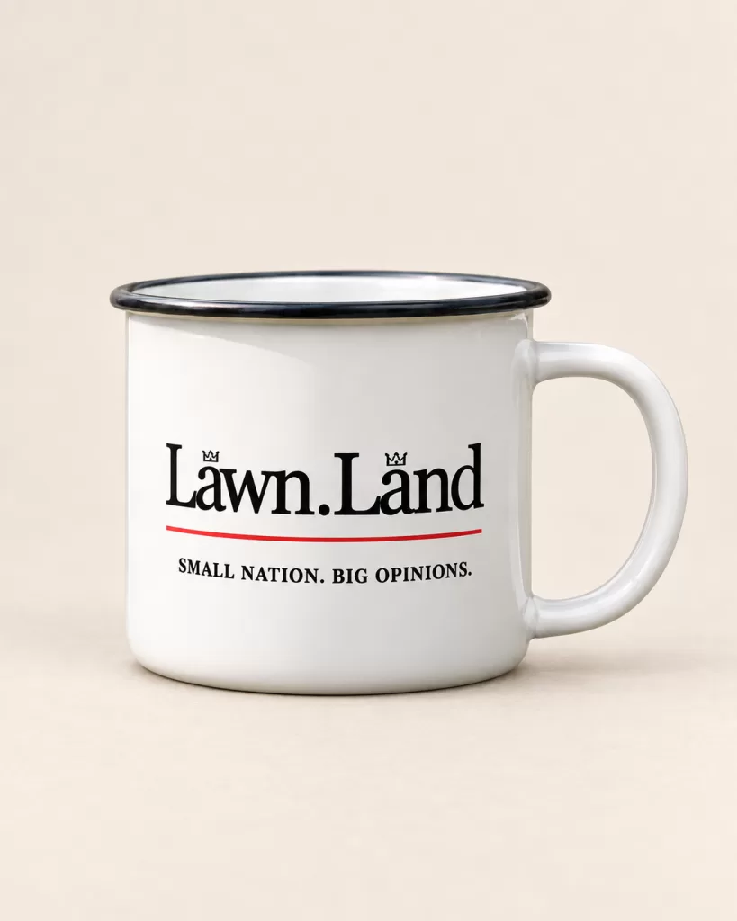 Official Lawnland Enamel State Mug — illustrative product mockup