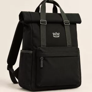 Design preview of a black roll-top Lawnland Diplomatic Backpack with embroidered Lawn crown