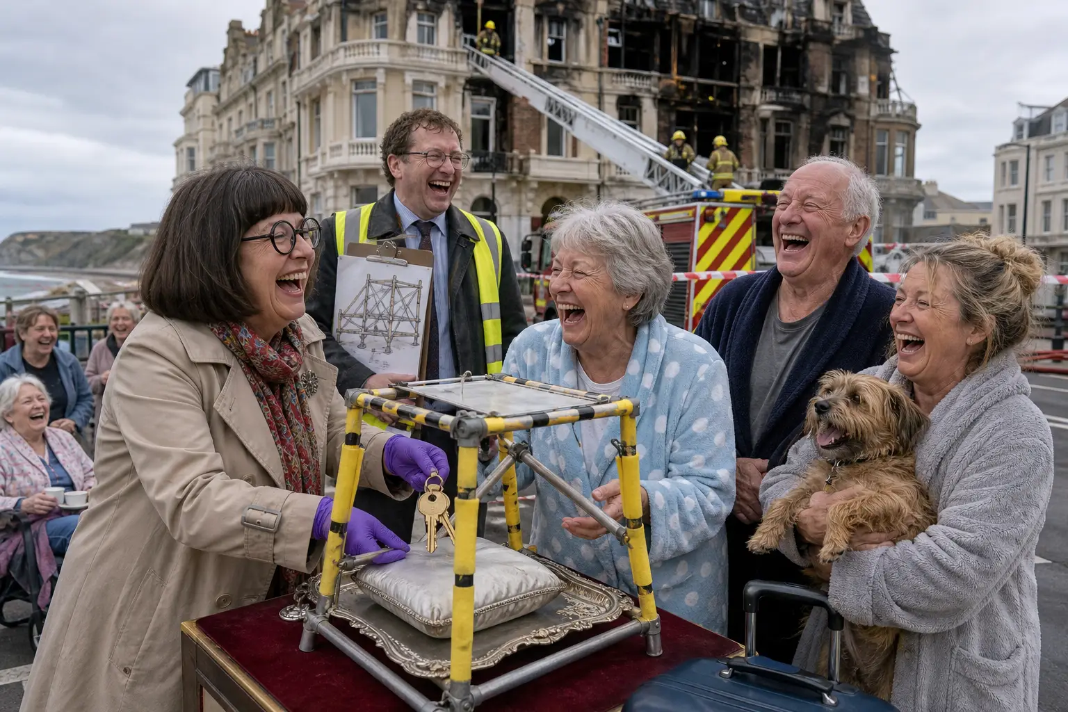 Staged satirical illustration for Folkestone Residents Relocated After Hotel Adds Structural Uncertainty To Its Amenities